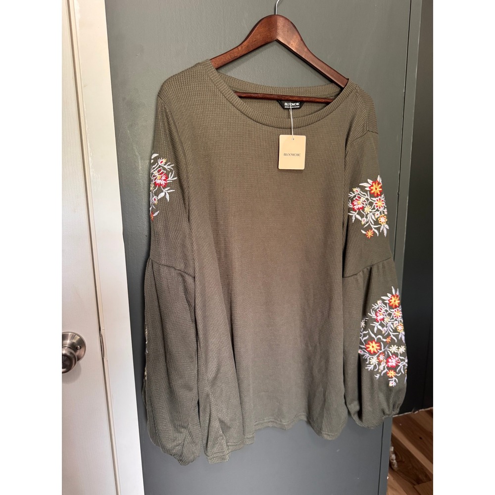 Bloomchic Olive Green Floral Embroidered Waffle Knit Balloon Sleeve Top